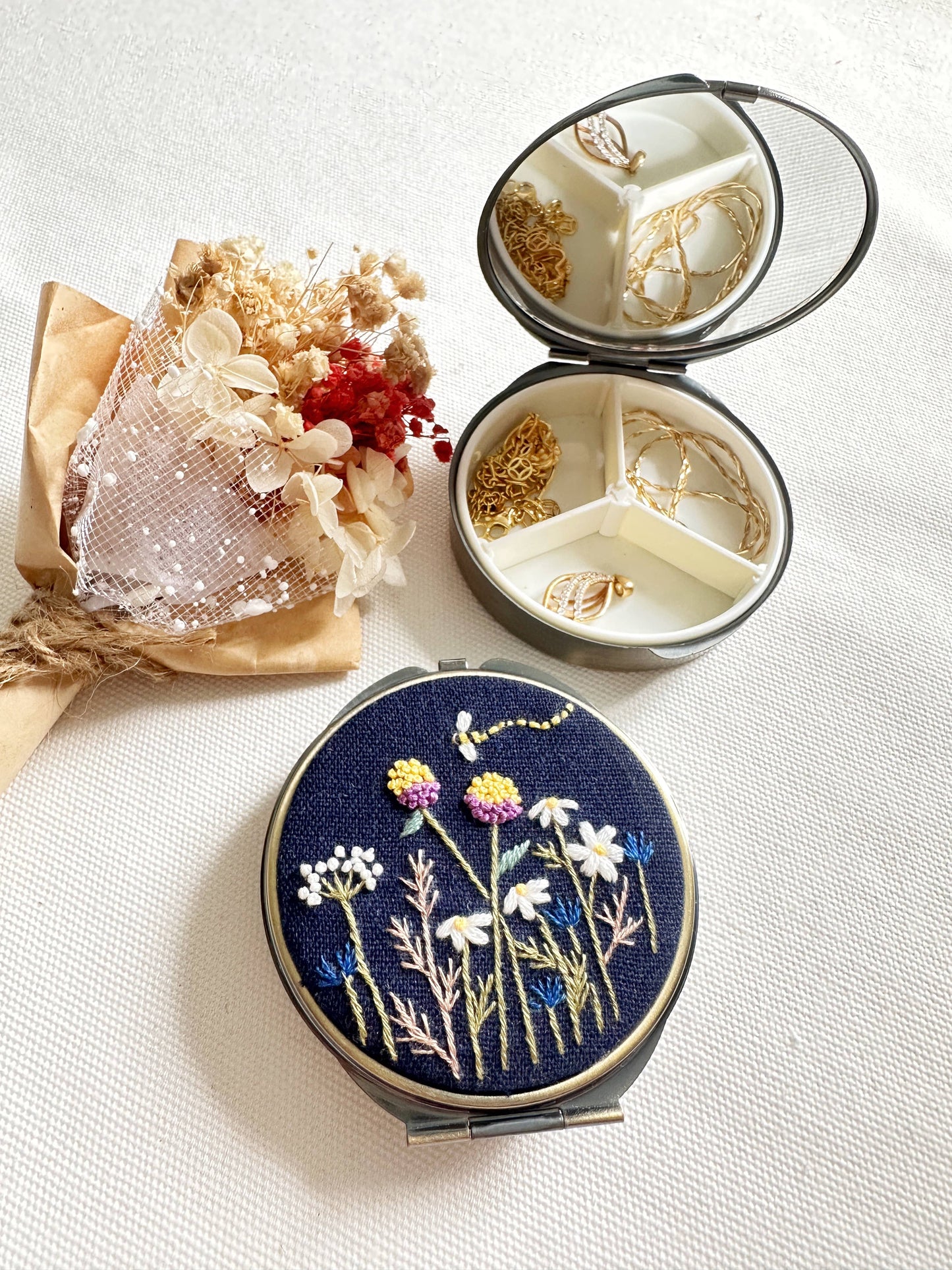 Floral Embroidered Round Jewelry Box With Mirror: Blue Flower Garden