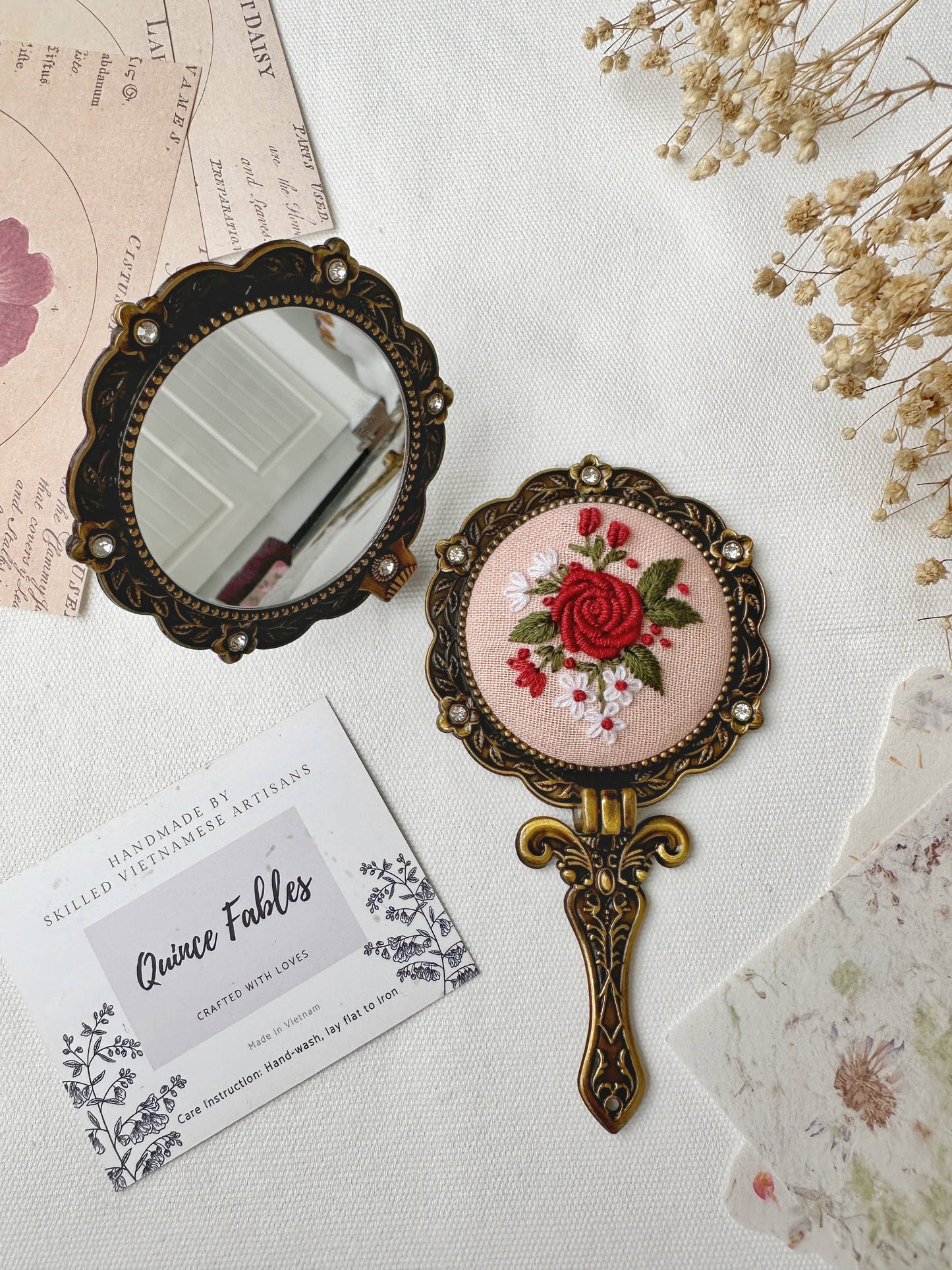 Floral Embroidered Round Folding Mirror, Green and White Roses