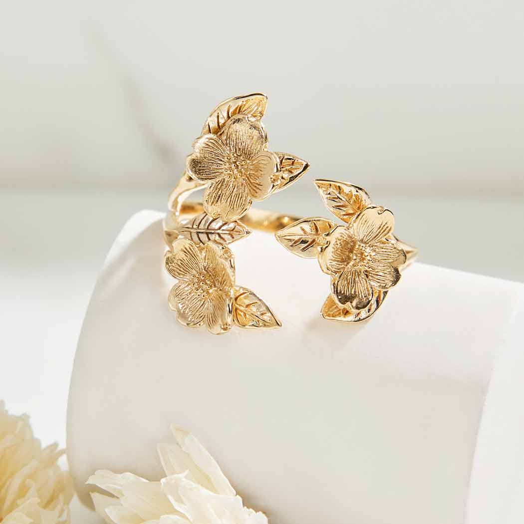 Silver or Bronze Adjustable Dogwood Flower and Leaf Ring: Bronze