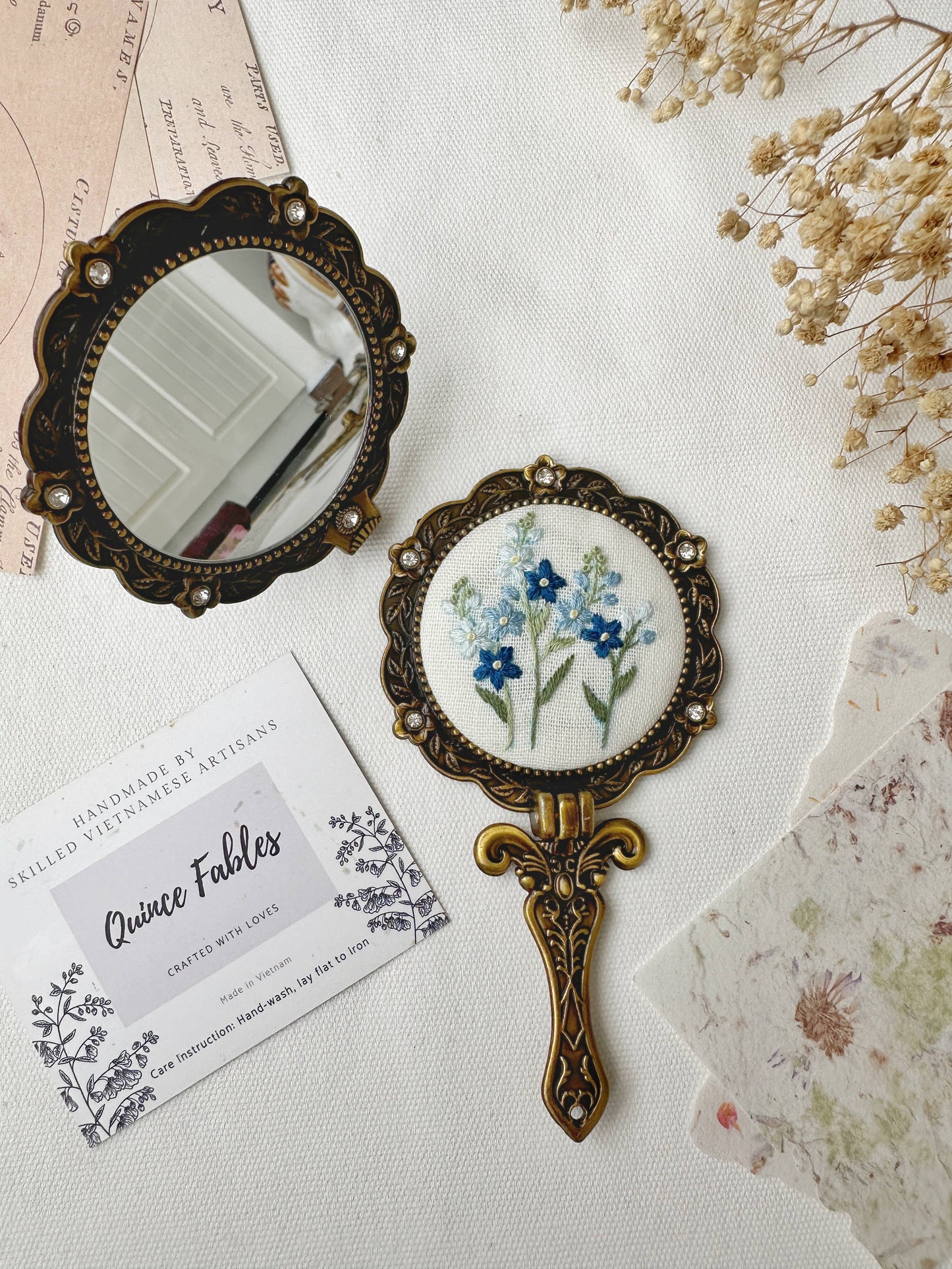 Floral Embroidered Round Folding Mirror, Cream with Blue Flowers