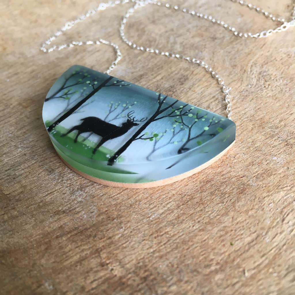 Spring Forest Painted Necklace - Acrylic and Sterling