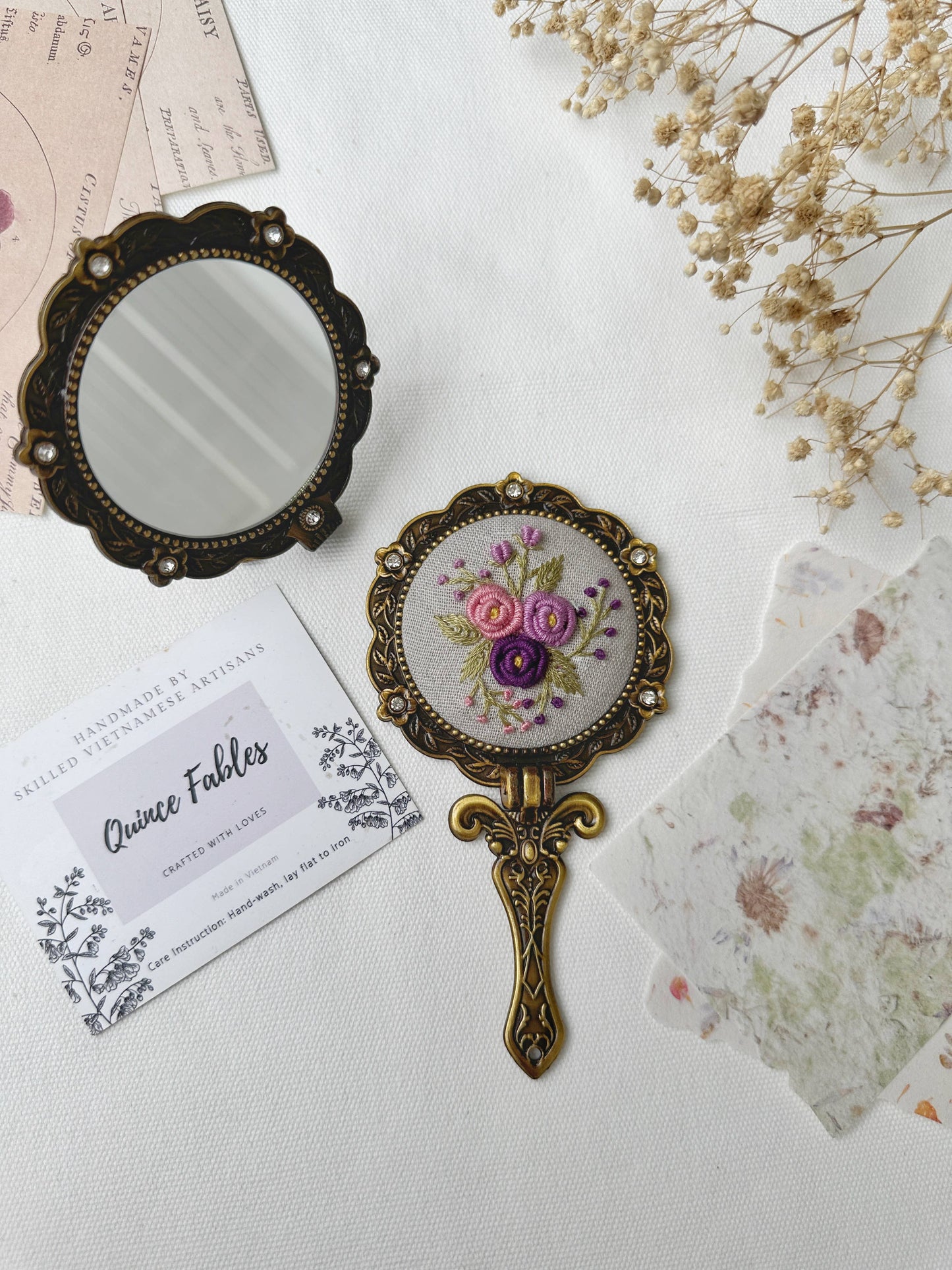 Floral Embroidered Round Folding Mirror, Pink and Red Rose