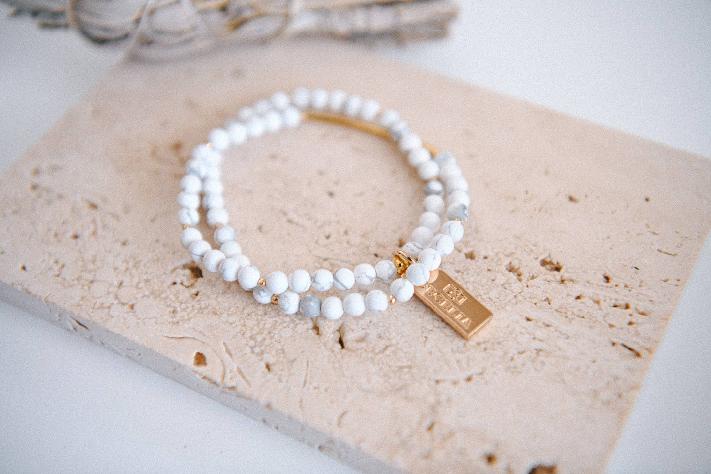 White Howlite Genuine Gemstone and Gold Double Wrap Bracelet