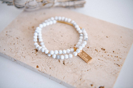 White Howlite Genuine Gemstone and Gold Double Wrap Bracelet