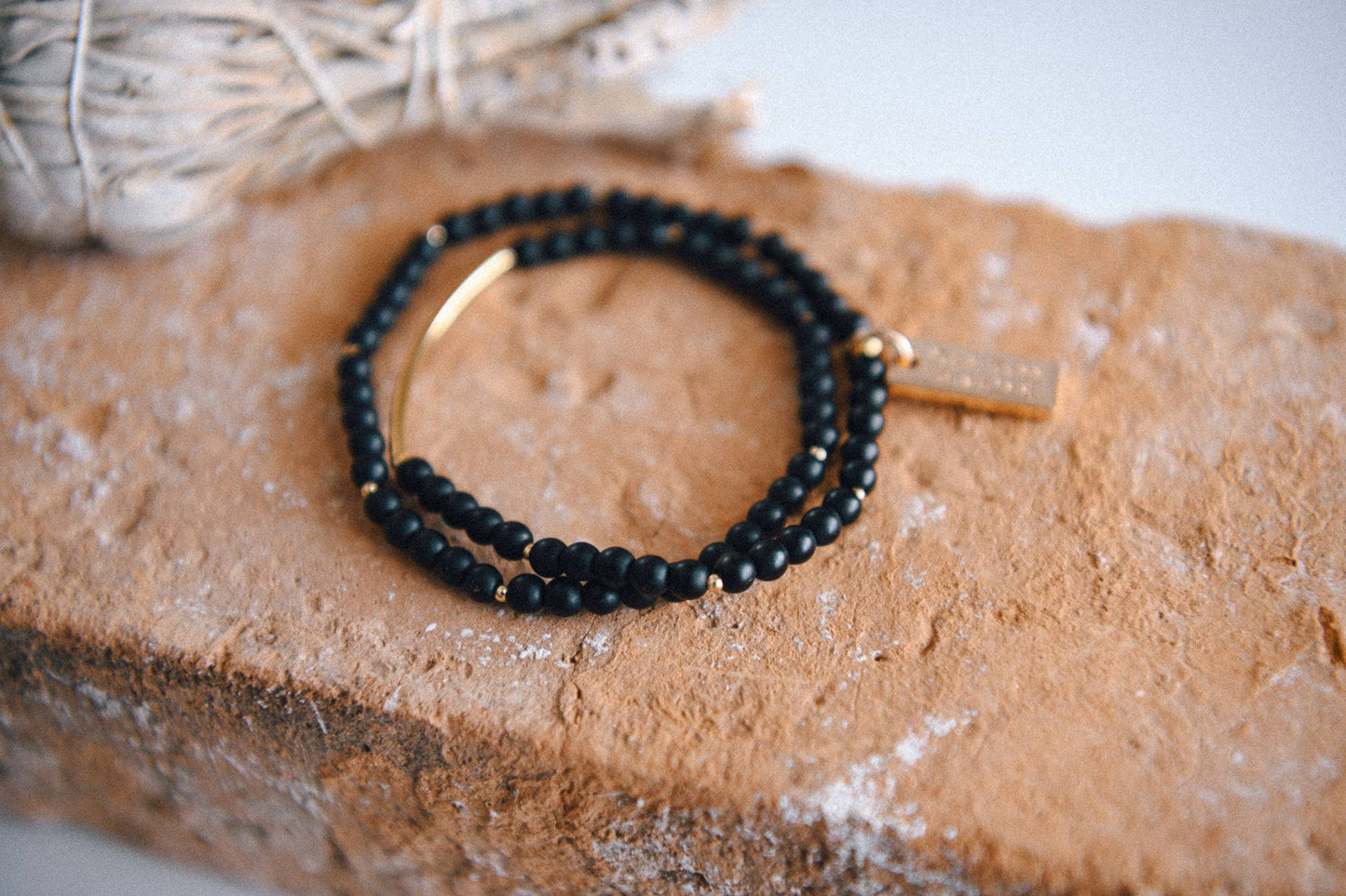 Black Agate Genuine Gemstone and Gold Double Wrap Bracelet