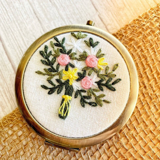 Floral Embroidered Compact Mirror,  Pink Bouquet