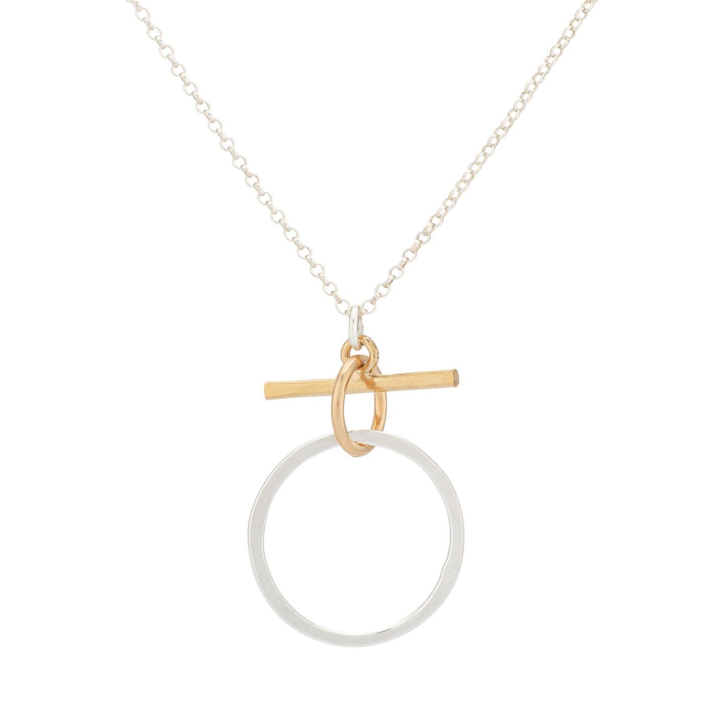 Pixie Necklace, Hammered Silver Circle & Gold Bar: 16" / Sterling Silver