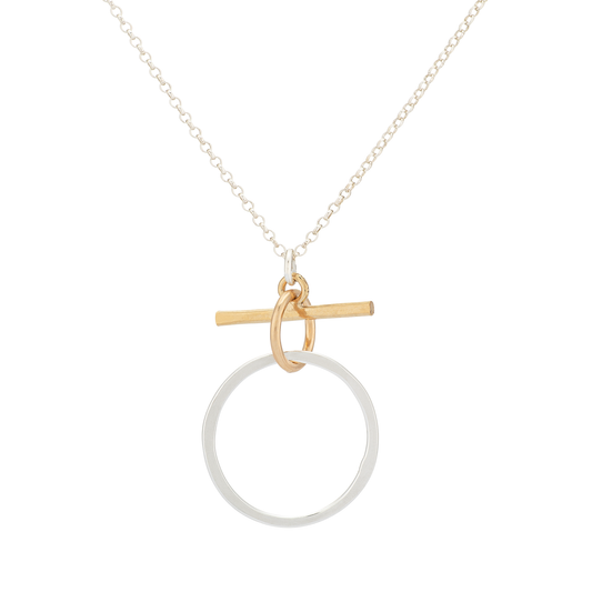 Pixie Necklace, Hammered Silver Circle & Gold Bar: 16" / Sterling Silver