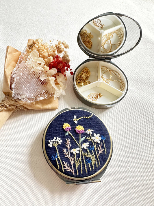 Floral Embroidered Round Jewelry Box With Mirror: Blue Flower Garden