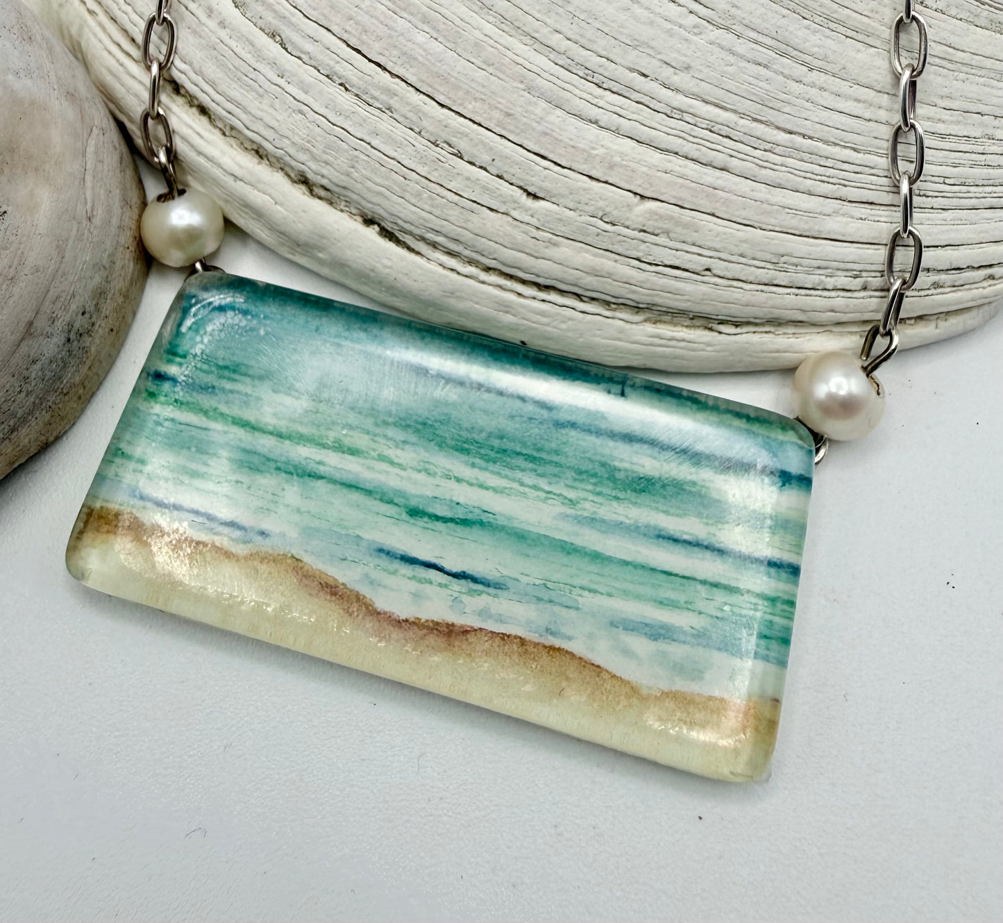 Serene Beach Scene Necklace - Original Watercolor with Pearls in Sterling