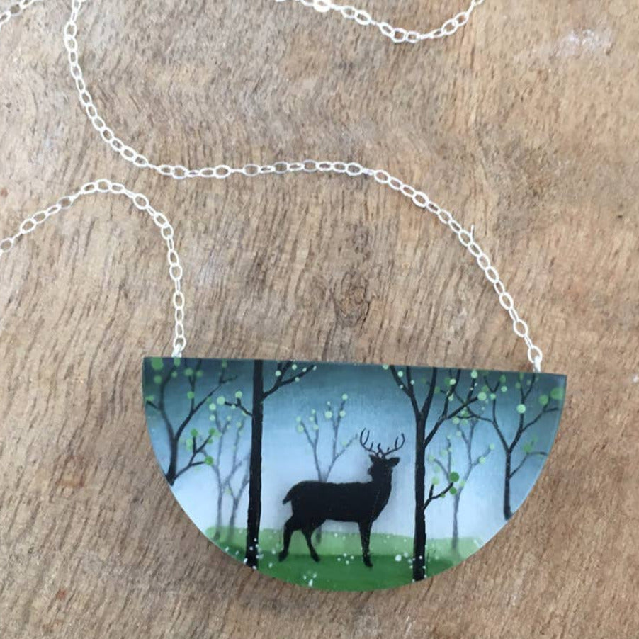 Spring Forest Painted Necklace - Acrylic and Sterling