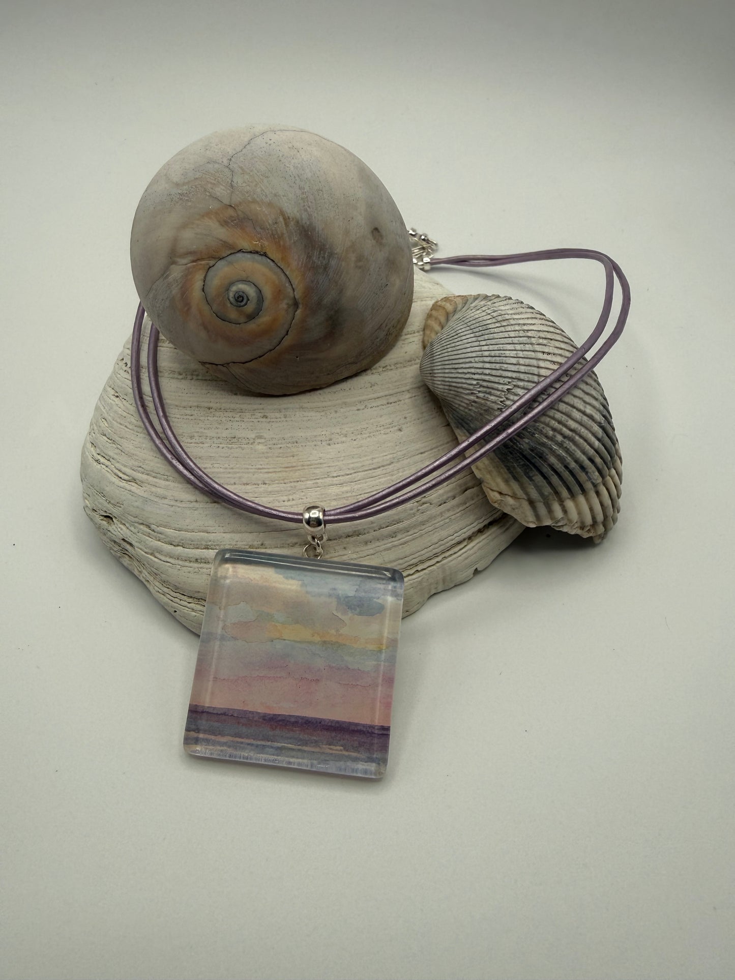 Lavender Beach Scene Sterling and Leather Necklace