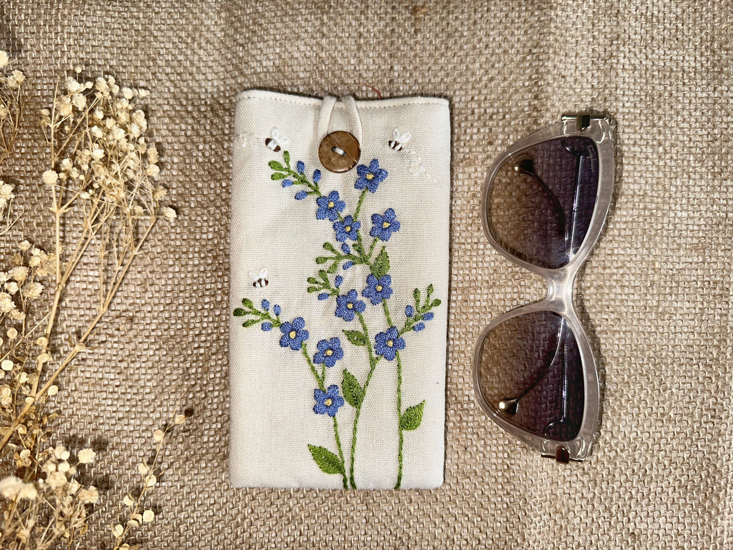 Floral Embroidered Soft Linen Glasses Case