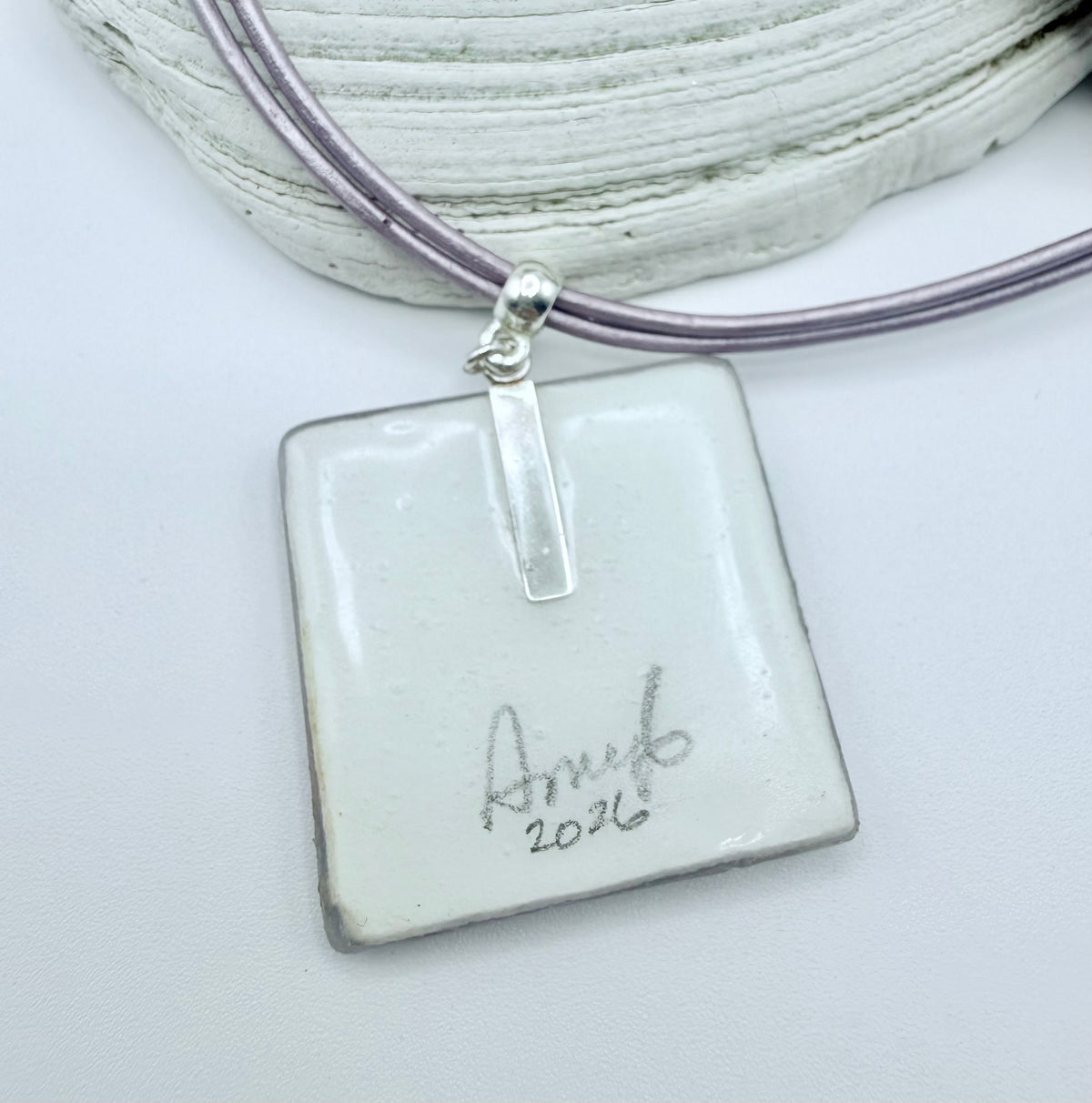 Lavender Beach Scene Sterling and Leather Necklace