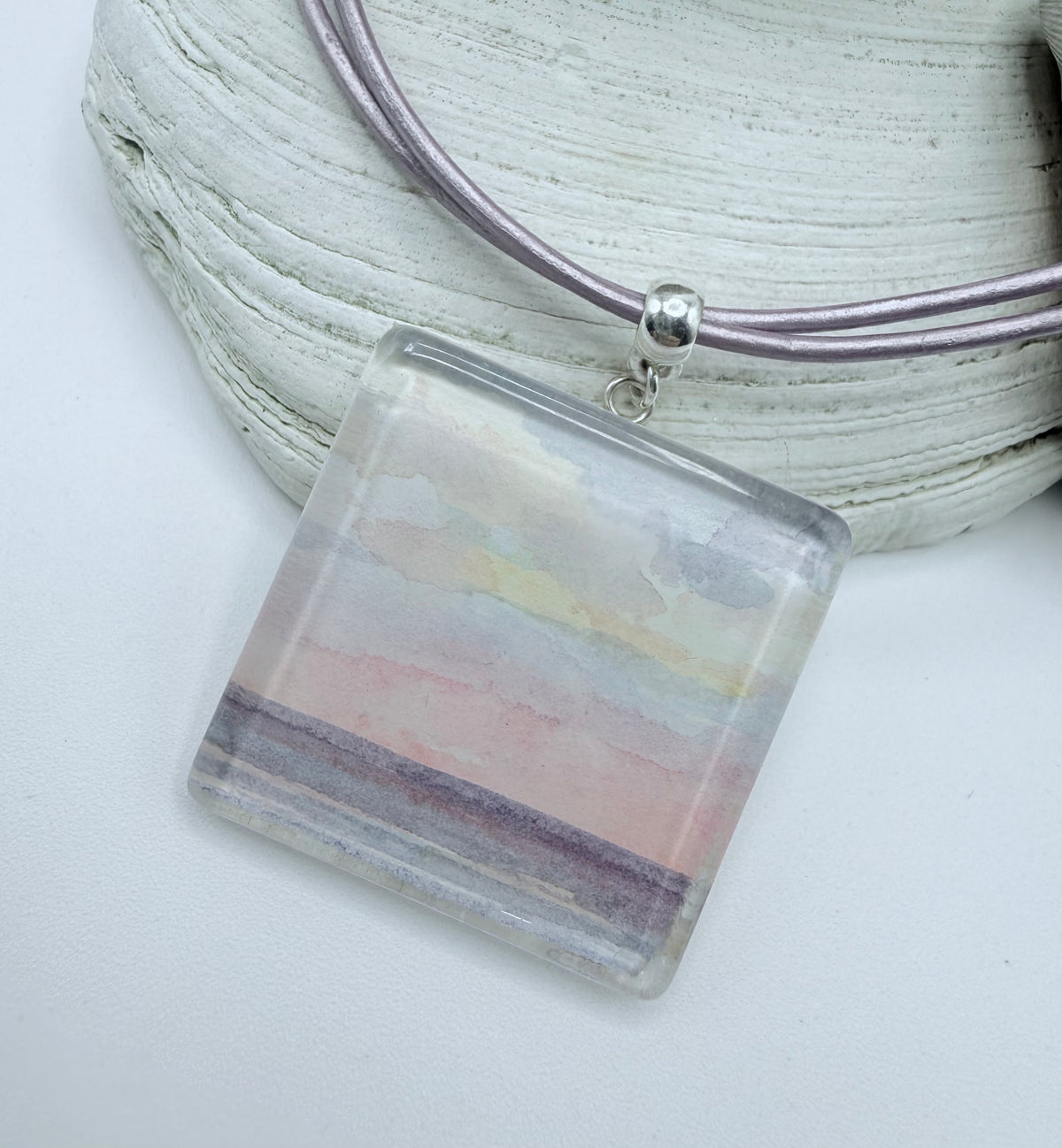 Lavender Beach Scene Sterling and Leather Necklace