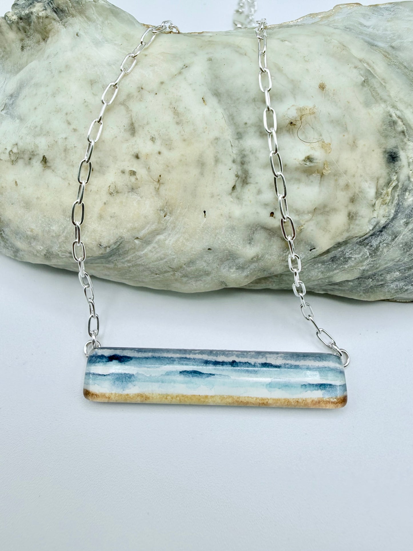 Crashing Waves  Watercolor Necklace  with Sterling chain