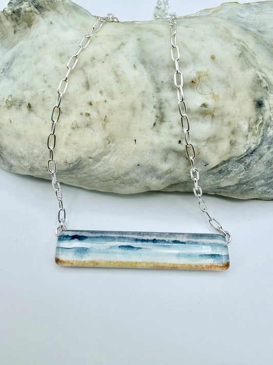 Crashing Waves  Watercolor Necklace  with Sterling chain