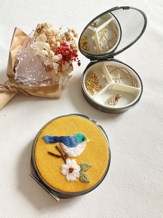 Floral Embroidered Round Jewelry Box With Mirror: Blue Bird