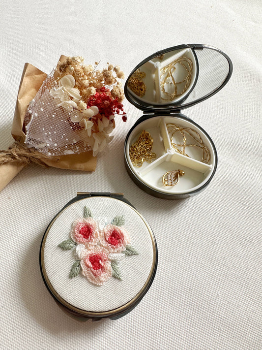Floral Embroidered Round Jewelry Box With Mirror:  Pink Roses