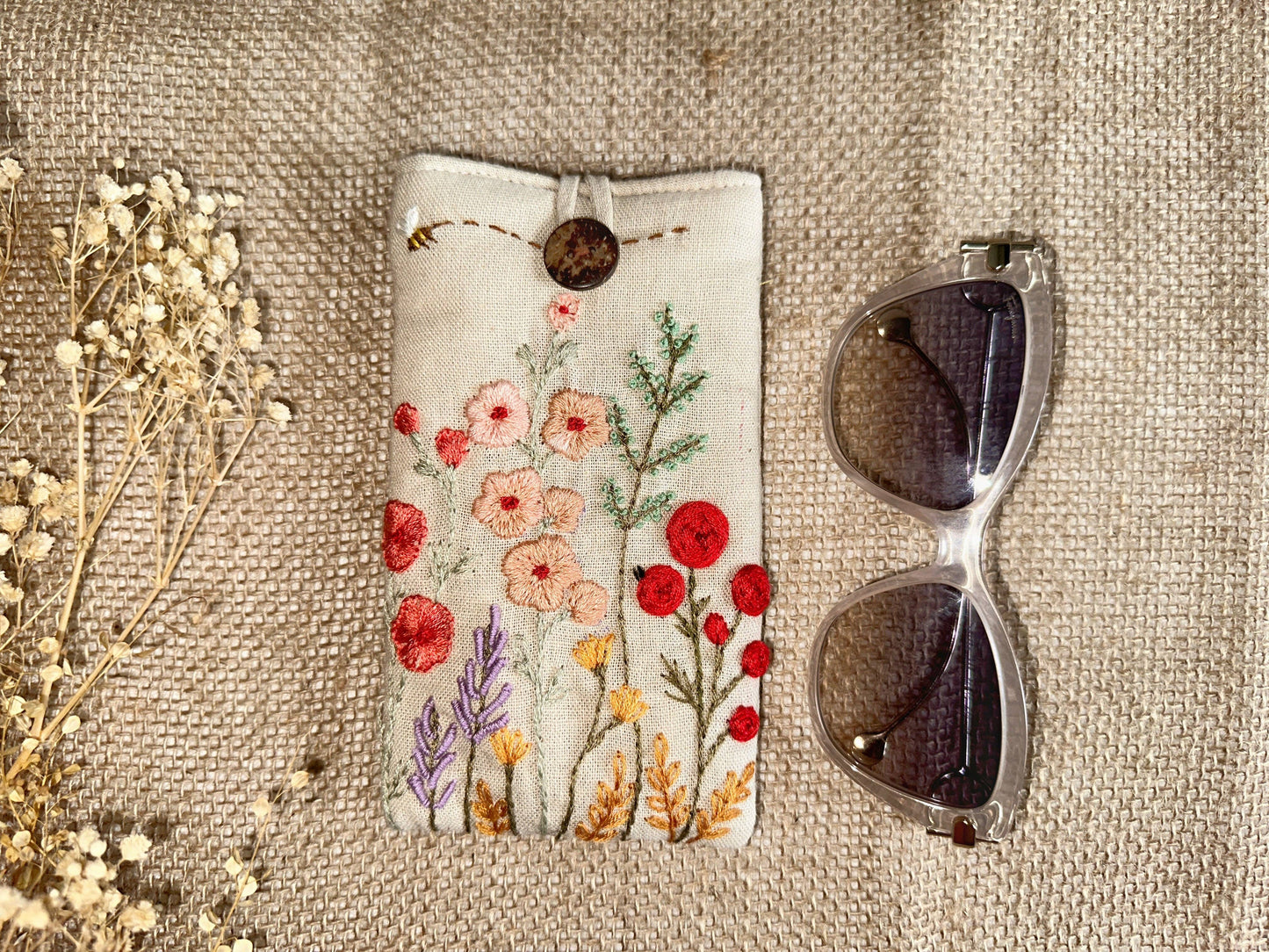Floral Embroidered Soft Linen Glass Case
