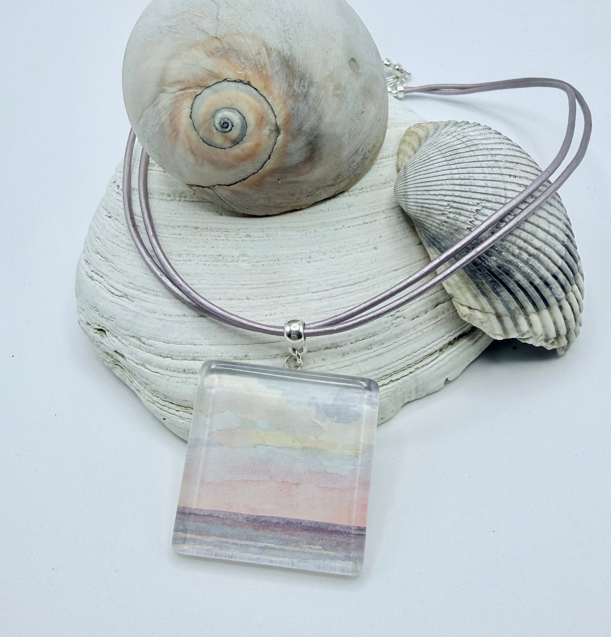 Lavender Beach Scene Sterling and Leather Necklace