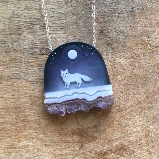 Arctic Fox Handpainted Resin and Crystal Necklace