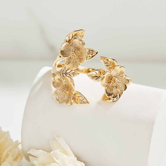 Silver or Bronze Adjustable Dogwood Flower and Leaf Ring: Bronze