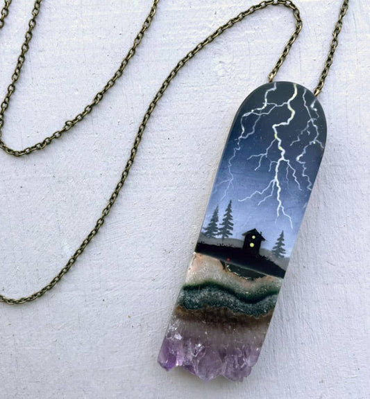 Lightning Storm - Handpainted Resin and Amethyst Necklace
