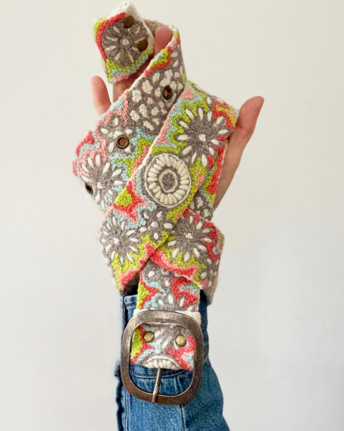 Flower Power Embroidered Wool Belt: S