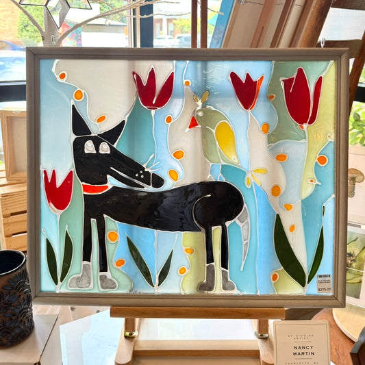 Black Dog with Tulips and Bird