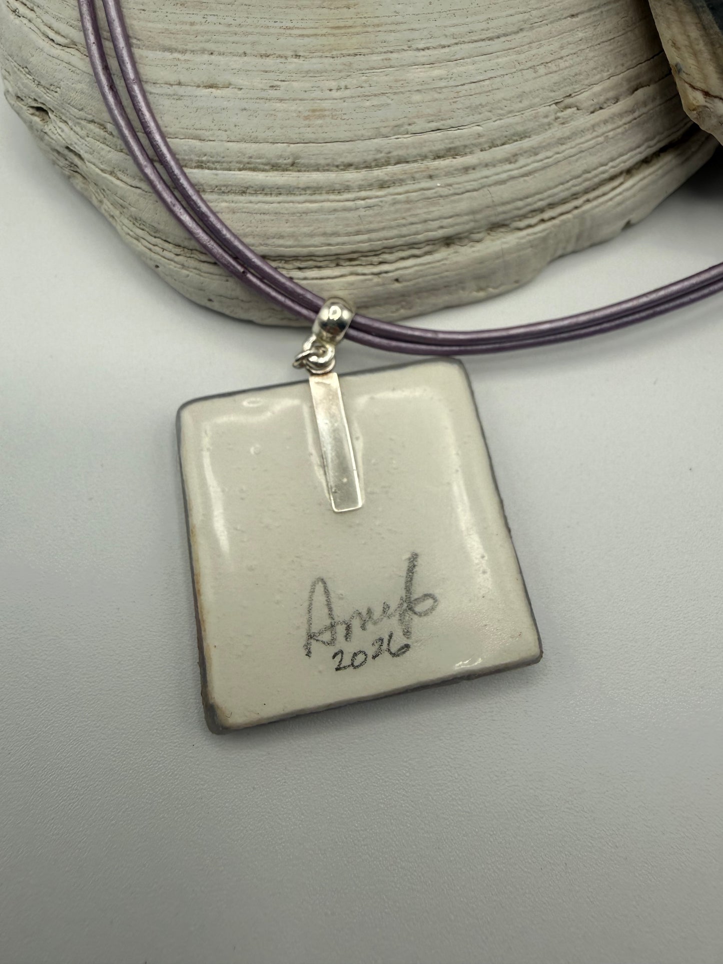 Lavender Beach Scene Sterling and Leather Necklace