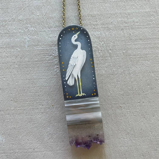Heron Hand Painted Resin and Crystal Necklace