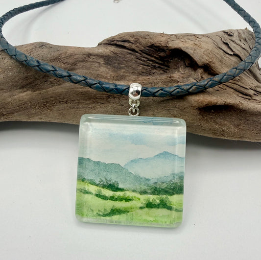 Watercolor Mountain Scene Necklace