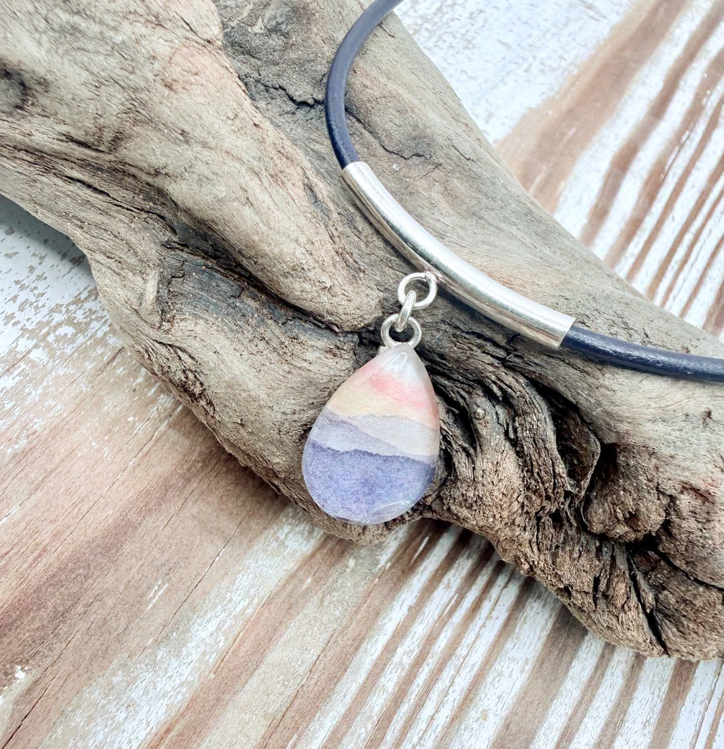 Mountains Drop Watercolor Necklace With Leather Chain