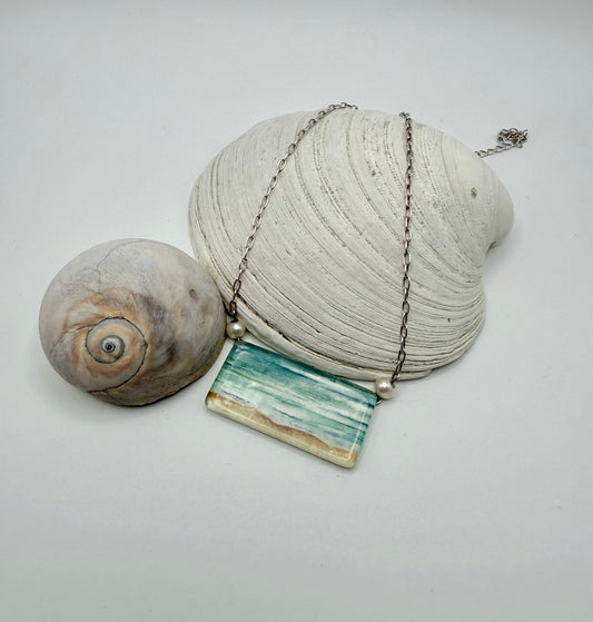 Serene Beach Scene Necklace - Original Watercolor with Pearls in Sterling