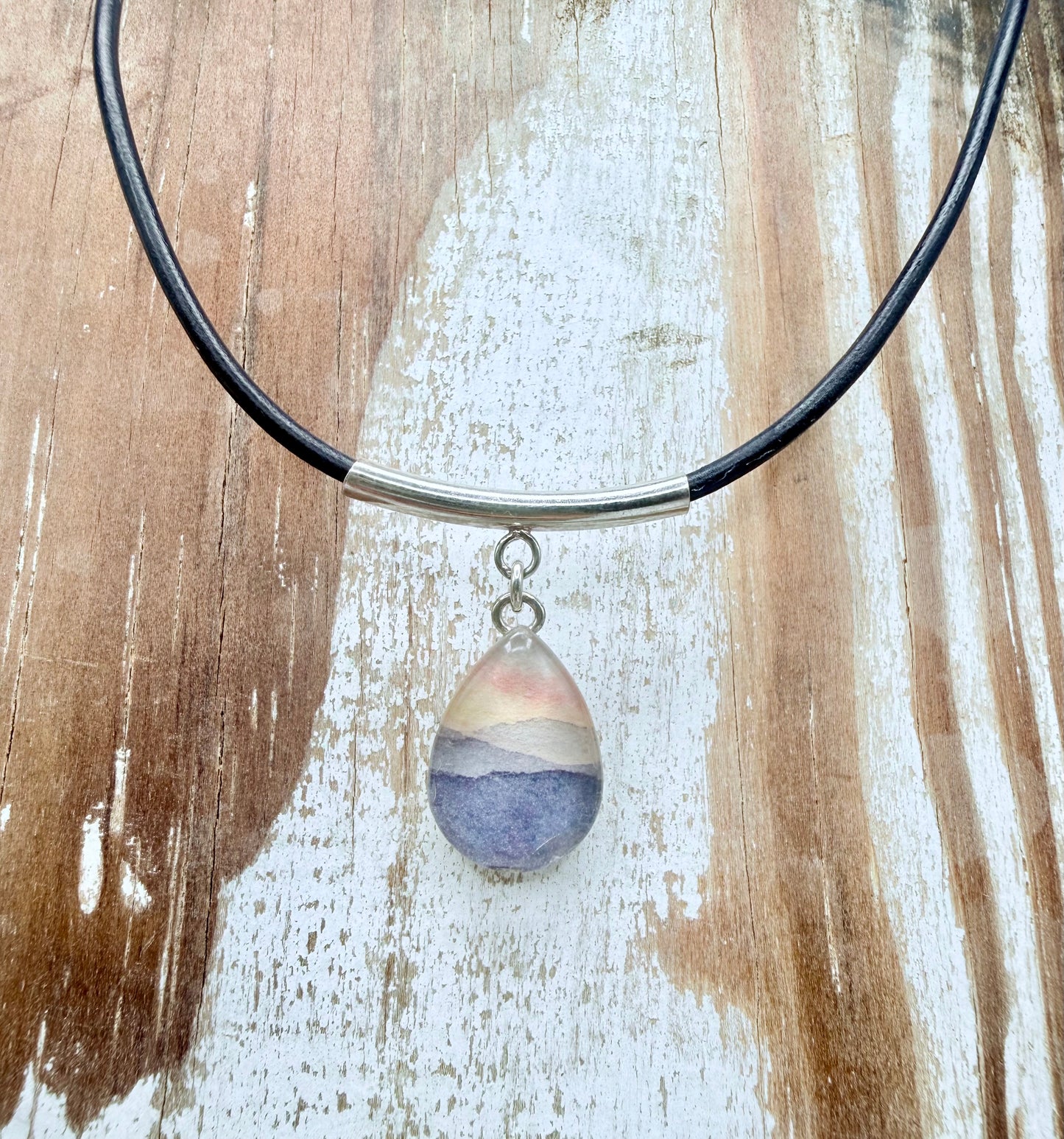 Mountains Drop Watercolor Necklace With Leather Chain