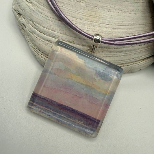 Lavender Beach Scene Sterling and Leather Necklace