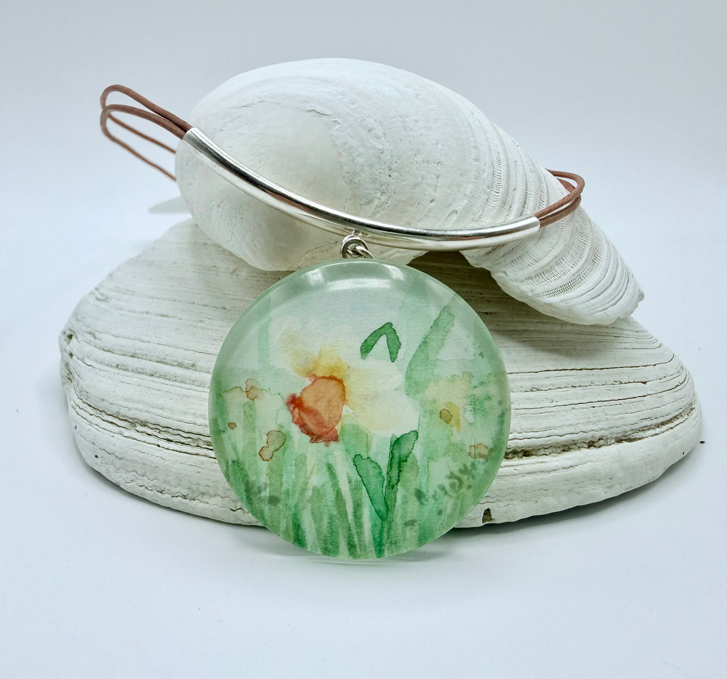 Round Daffodil Watercolor Necklace on Leather