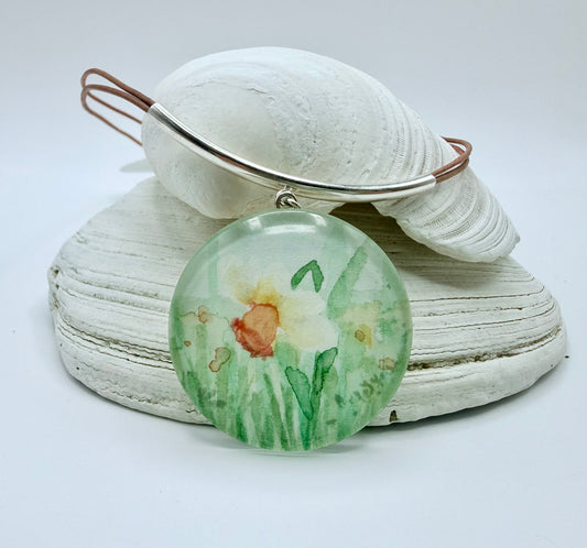 Round Daffodil Watercolor Necklace on Leather