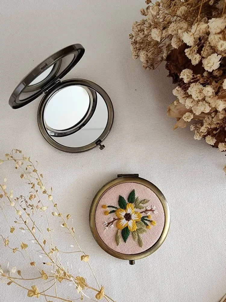 Floral Embroidered Compact Mirror,  Flower cup