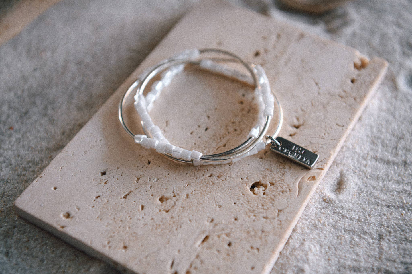 Silver and White Beaded Triple Wrap Bracelet
