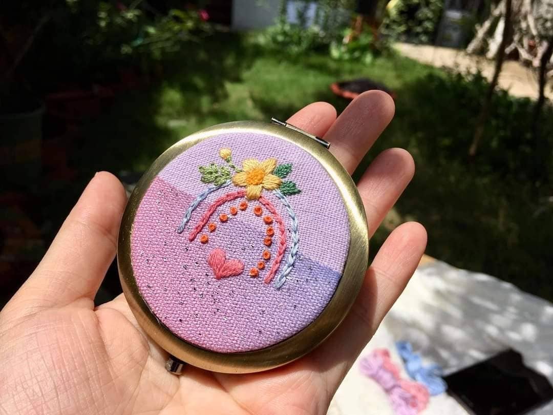 Floral Gate Embroidered Compact Mirror, Lavender Floral Rainbow