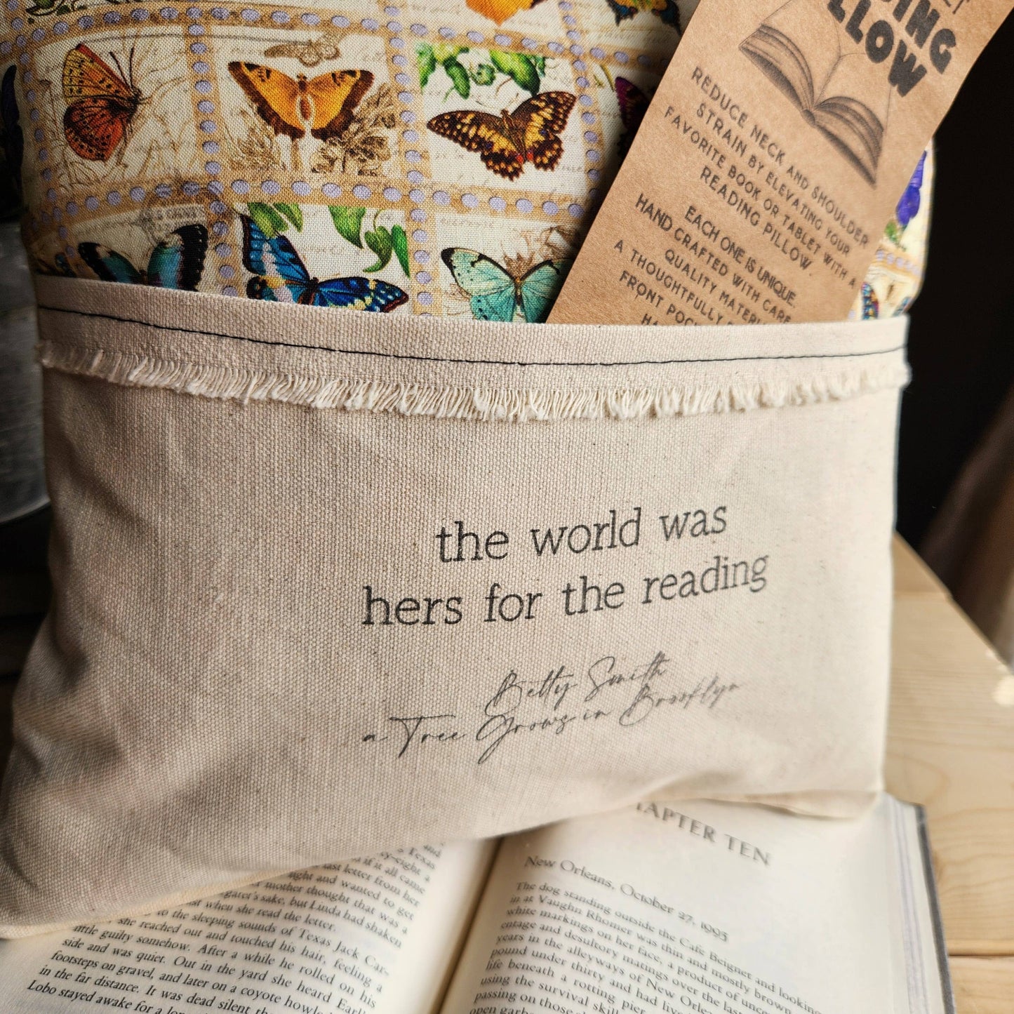 The World was Hers... Reading Pillow with Butterflies